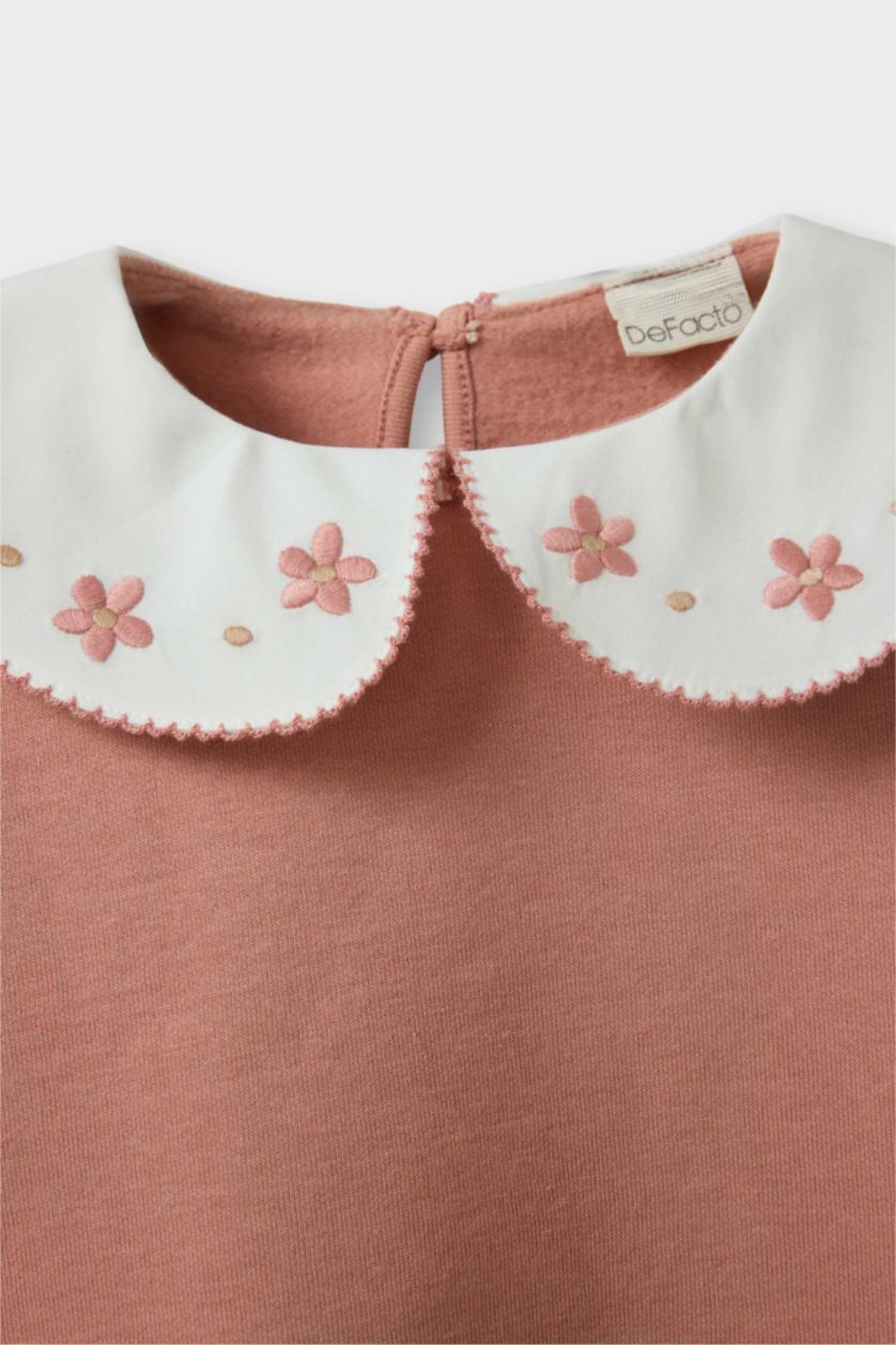 Kız Bebek Koyu Pembe Oversize Geniş Kalıp Büyük Yaka Çiçekli İçi Yumuşak Tüylü Sweatshirt Kız Bebek