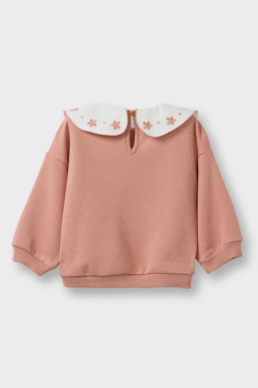 Kız Bebek Koyu Pembe Oversize Geniş Kalıp Büyük Yaka Çiçekli İçi Yumuşak Tüylü Sweatshirt Kız Bebek