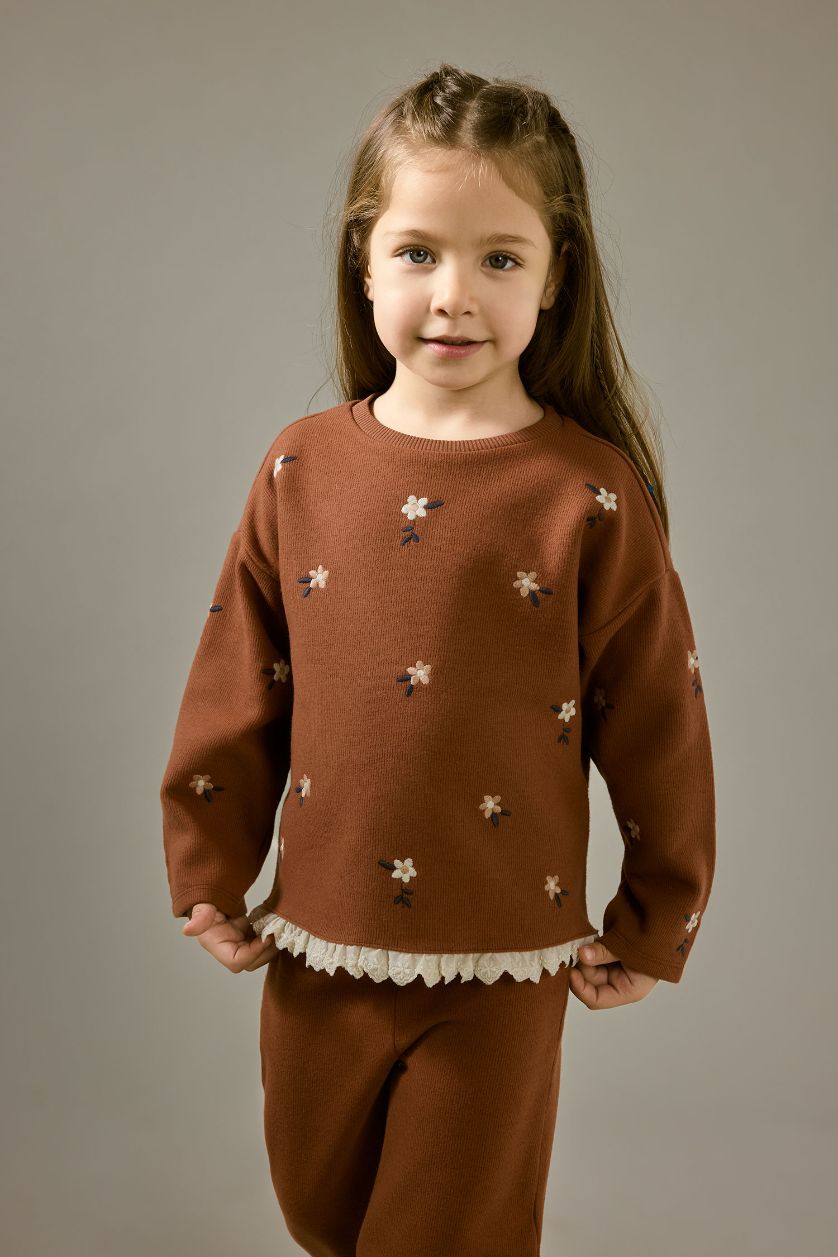 Baby Girl Brown Baby Girl Oversize Fit Crew Neck Floral T-Shirt