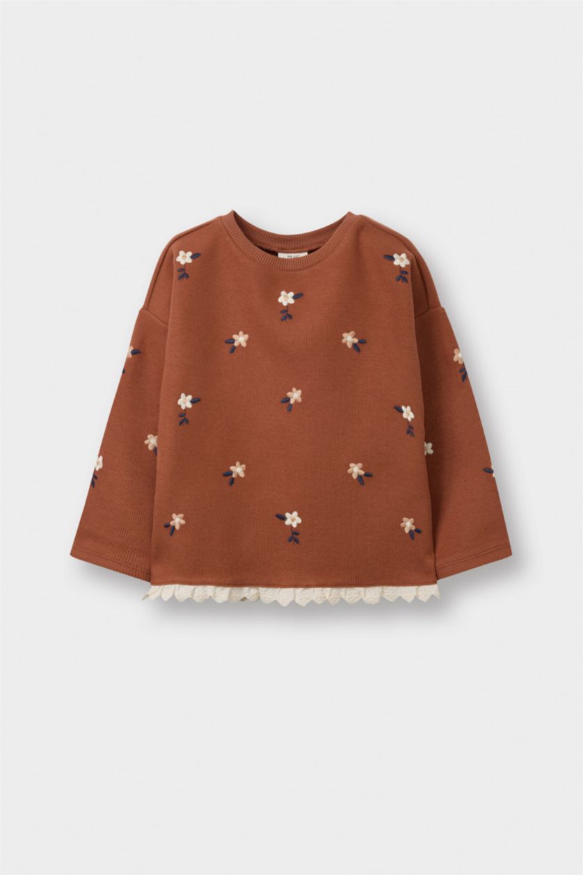 Baby Girl Brown Baby Girl Oversize Fit Crew Neck Floral T-Shirt