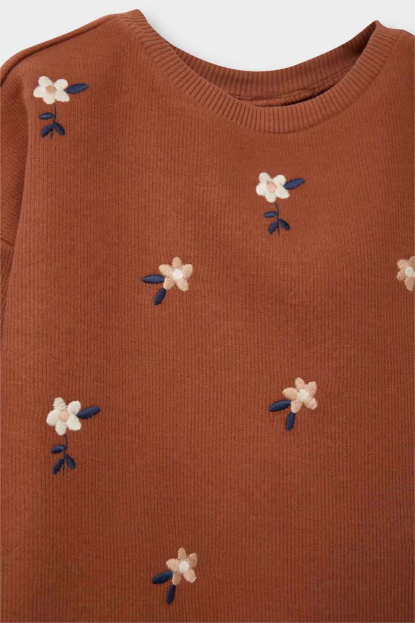 Baby Girl Brown Baby Girl Oversize Fit Crew Neck Floral T-Shirt