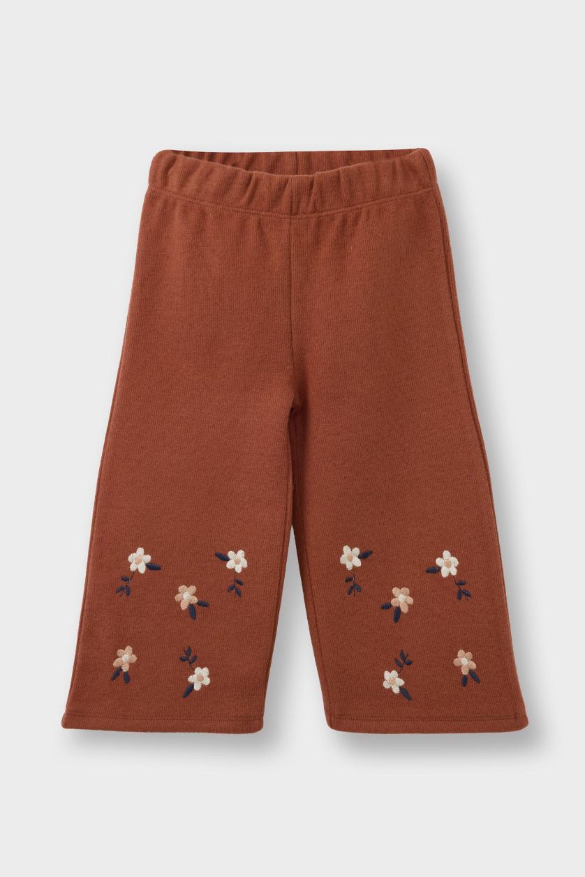 Kız Bebek Kahve Wide Leg Beli Lastikli Çiçekli Pantolon Kız Bebek