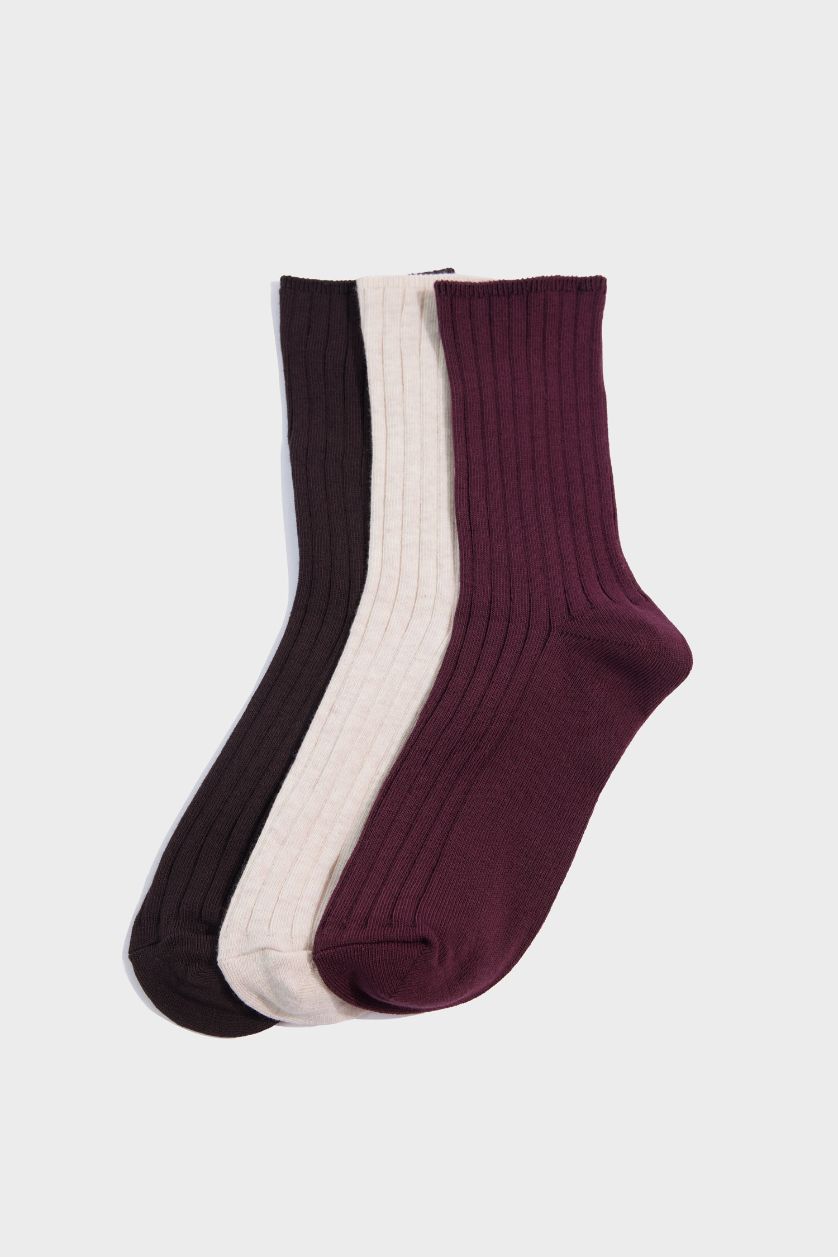 Kadın Bordo 3'lü Pamuklu Uzun Çorap