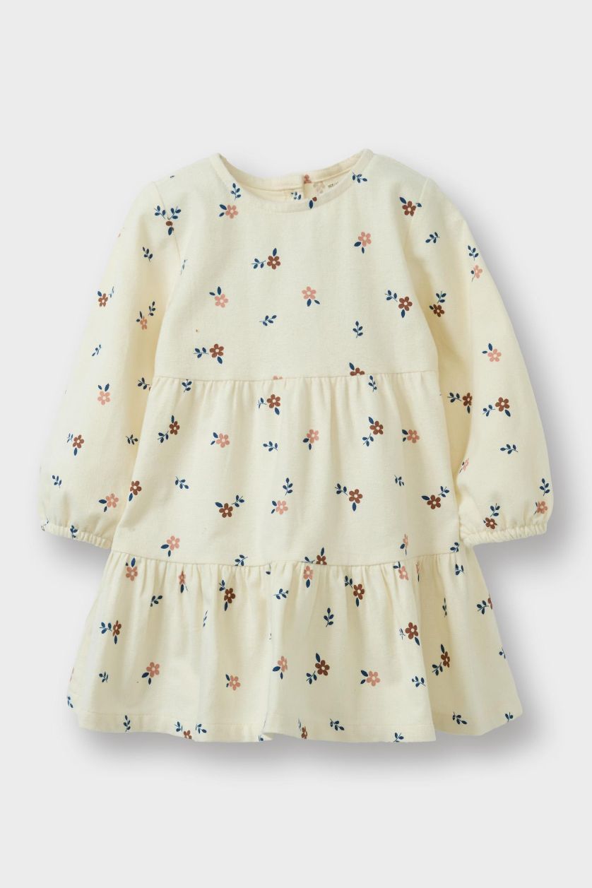 Kız Bebek Ekru 2'li Takım Süveter Çiçek Desenli Uzun Kollu Elbise Kız Bebek