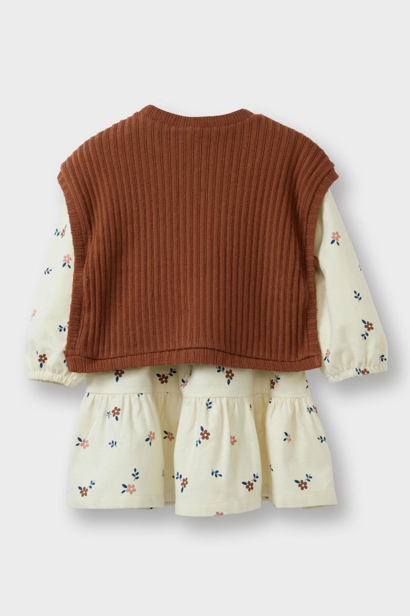 Kız Bebek Ekru 2'li Takım Süveter Çiçek Desenli Uzun Kollu Elbise Kız Bebek