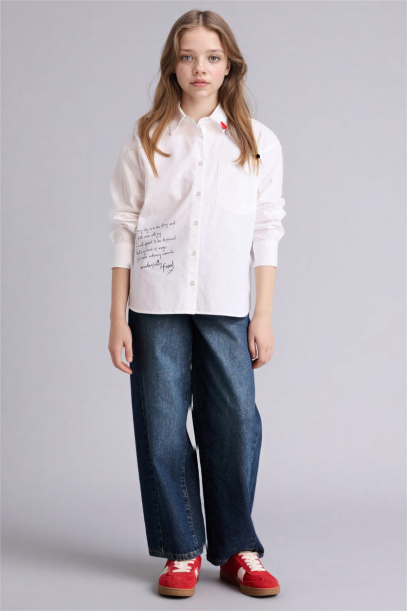 Kız Çocuk - Genç Kız Beyaz Baskılı Poplin Gömlek Kız Çocuk