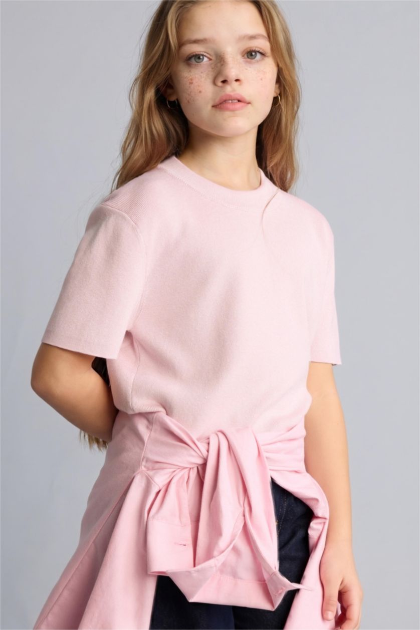 GIRLS & TEENS Light Pink بلوفر بناتي مضلع قصة عادية بياقة مستديرة