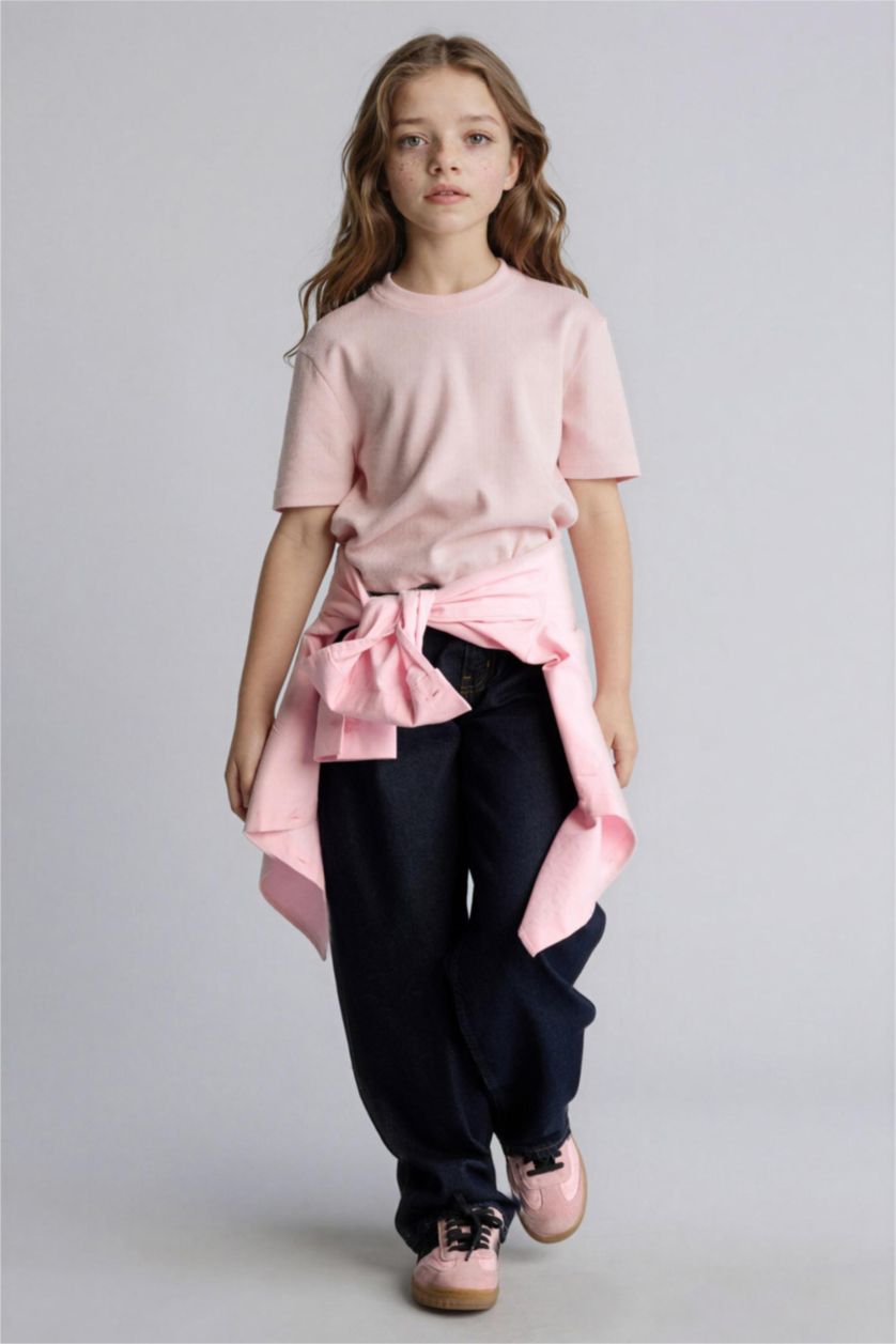 GIRLS & TEENS Light Pink بلوفر بناتي مضلع قصة عادية بياقة مستديرة