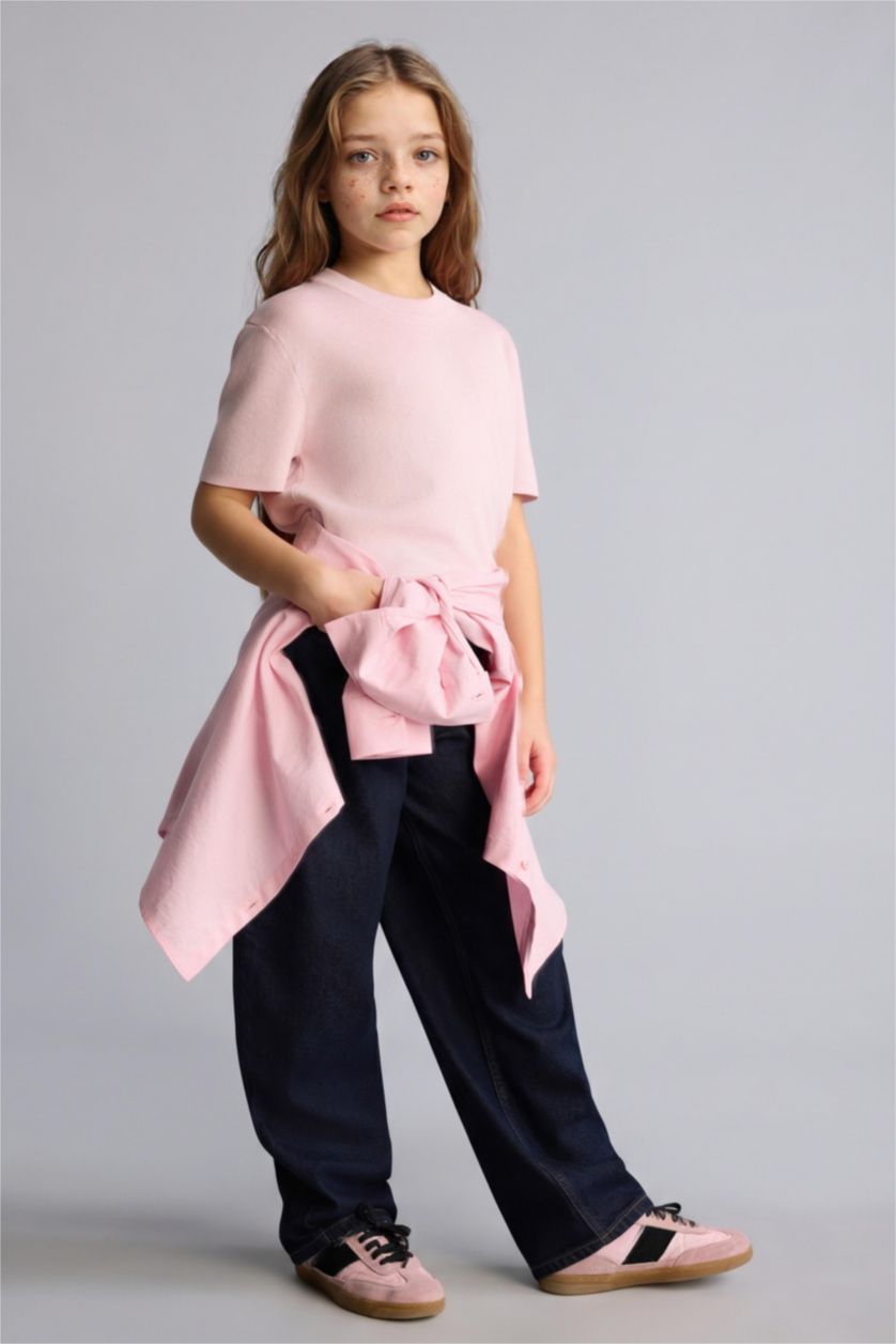 GIRLS & TEENS Light Pink بلوفر بناتي مضلع قصة عادية بياقة مستديرة