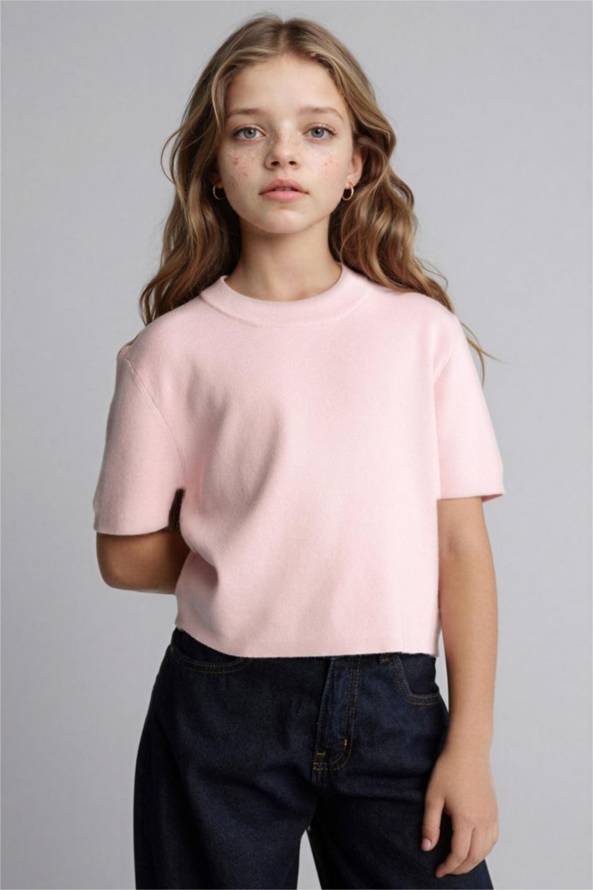 GIRLS & TEENS Light Pink بلوفر بناتي مضلع قصة عادية بياقة مستديرة