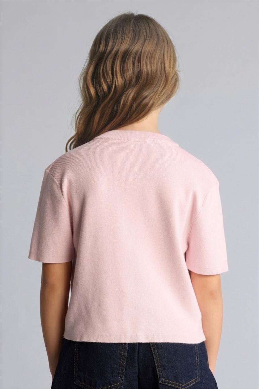 بنات زهري فاتح بلوز صوف بناتي مضلع قصة عادية بياخة مستديرة