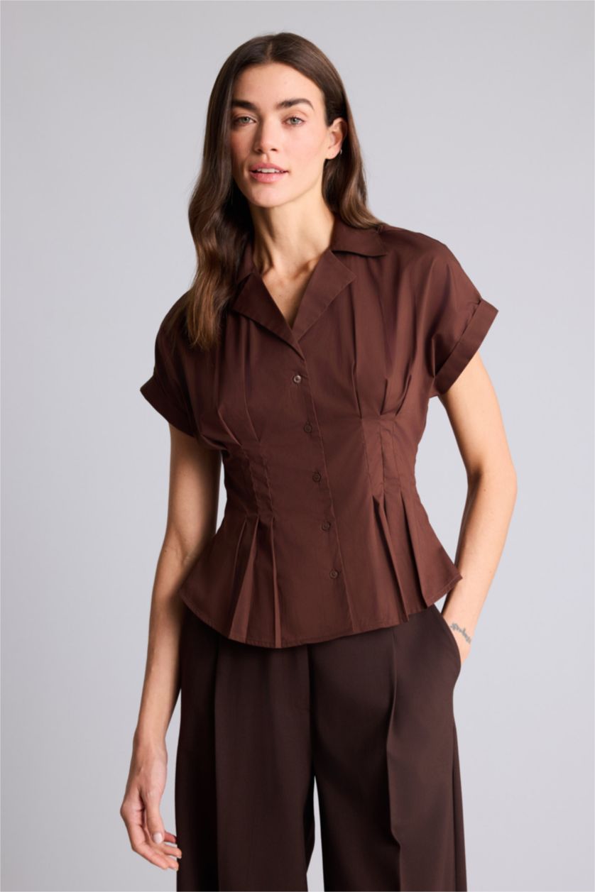 Женщины Коричневый Рубашка с коротким рукавом приталенного кроя из поплина для женщин