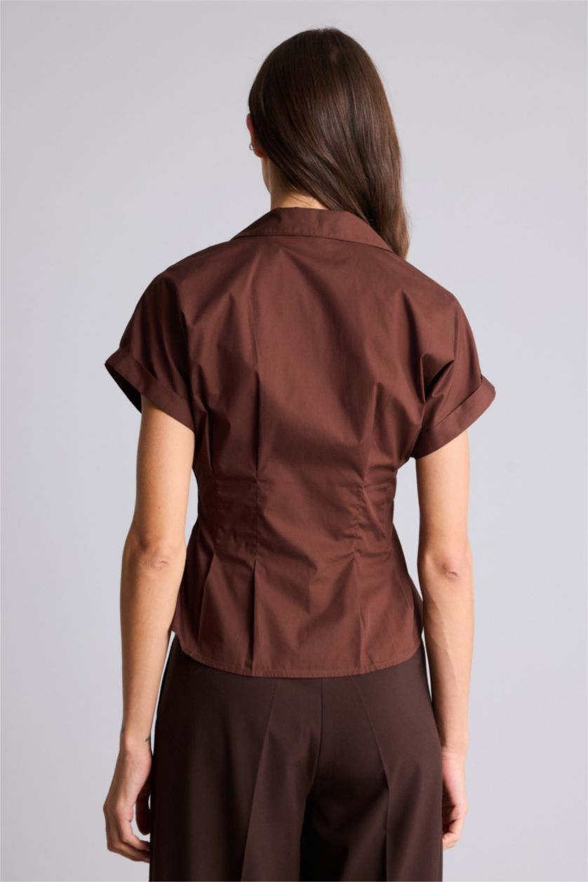 Женщины Коричневый Рубашка с коротким рукавом приталенного кроя из поплина для женщин