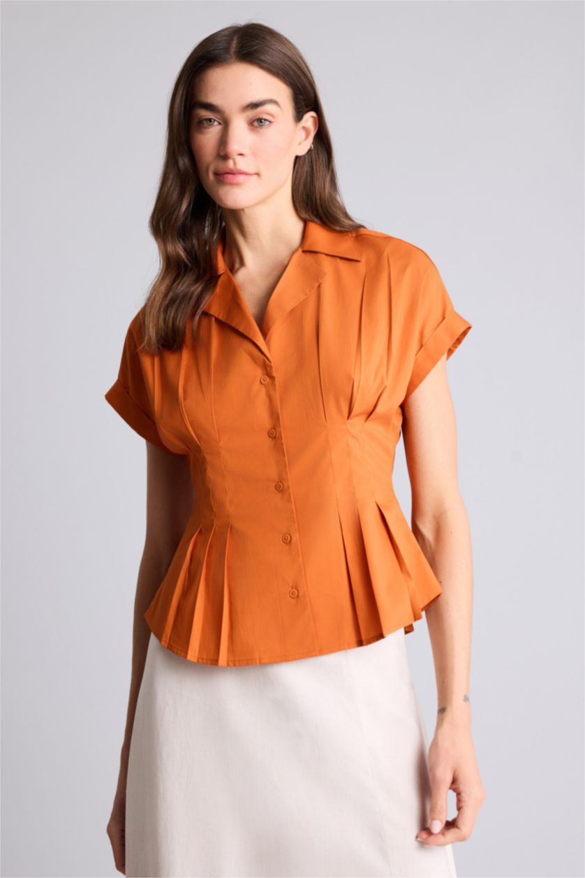 Женщины Оранжевый Рубашка с коротким рукавом приталенного кроя из поплина для женщин