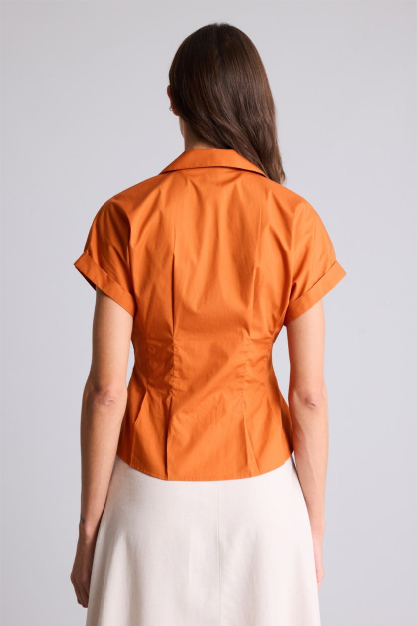 Женщины Оранжевый Рубашка с коротким рукавом приталенного кроя из поплина для женщин