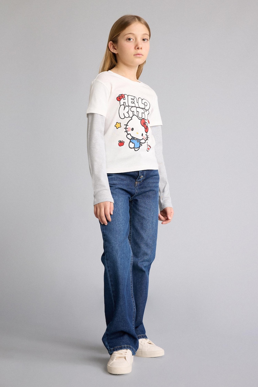 Young Girls - Teen Girls Ecru Girl Hello Kitty Crew Neck Long Sleeve T-Shirt