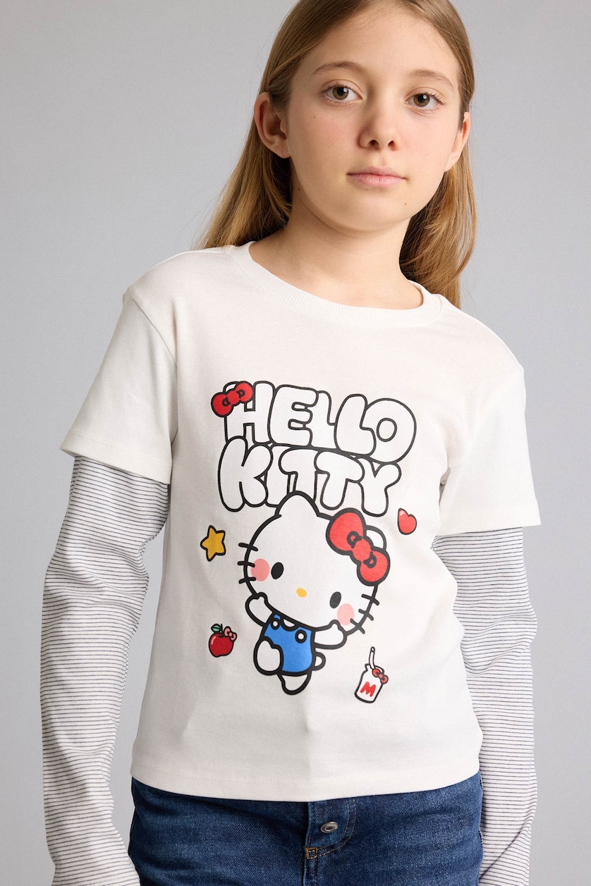 Young Girls - Teen Girls Ecru Girl Hello Kitty Crew Neck Long Sleeve T-Shirt