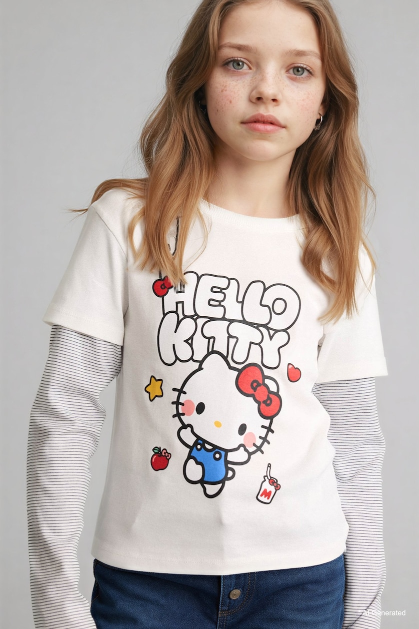Young Girls - Teen Girls Ecru Girl Hello Kitty Crew Neck Long Sleeve T-Shirt