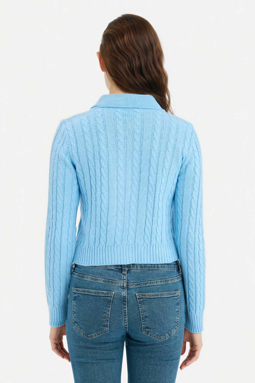 Woman Light Blue Slim Fit Polo Collar Cardigan