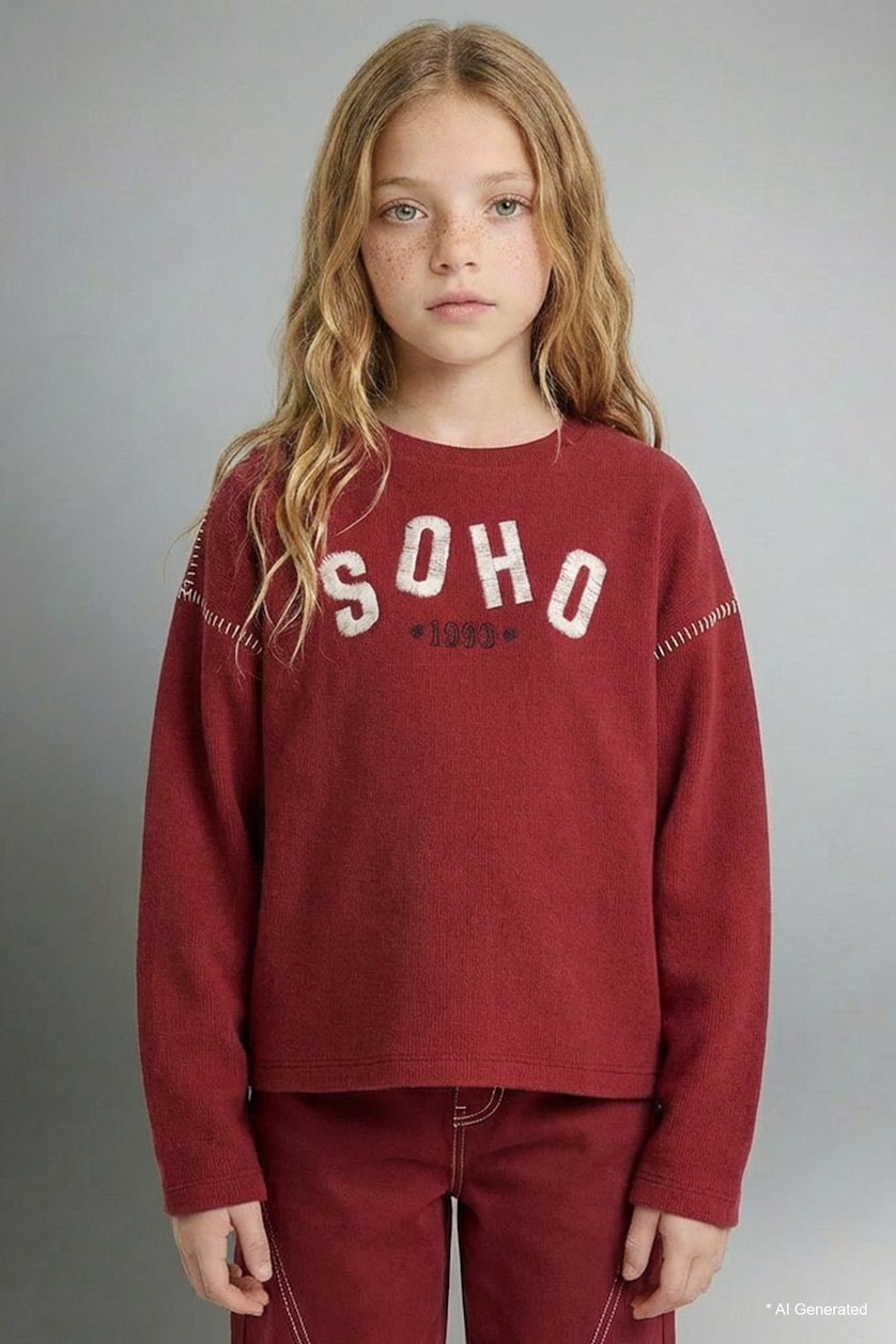 بنات خمري Girl Overshirt Fit Crew Neck Printed T-shirt