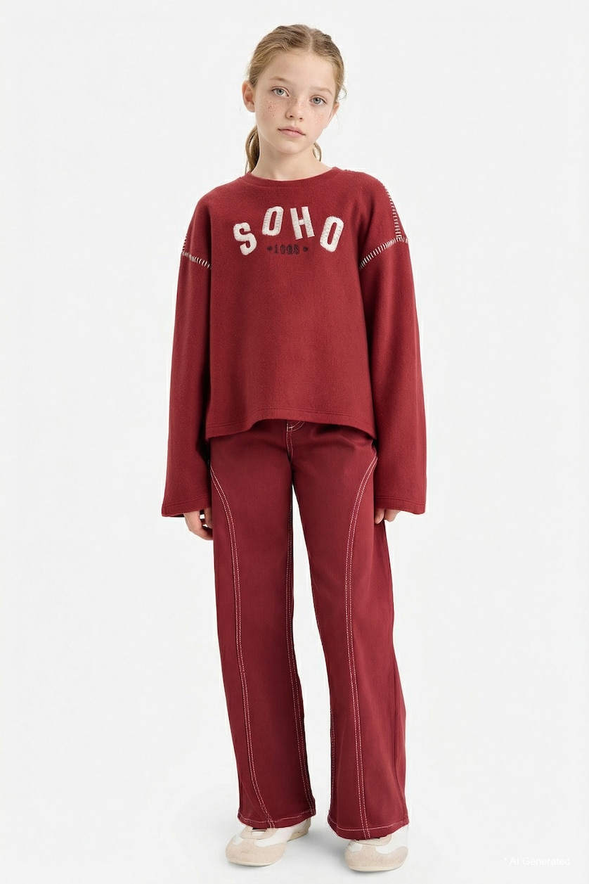 بنات خمري Girl Overshirt Fit Crew Neck Printed T-shirt