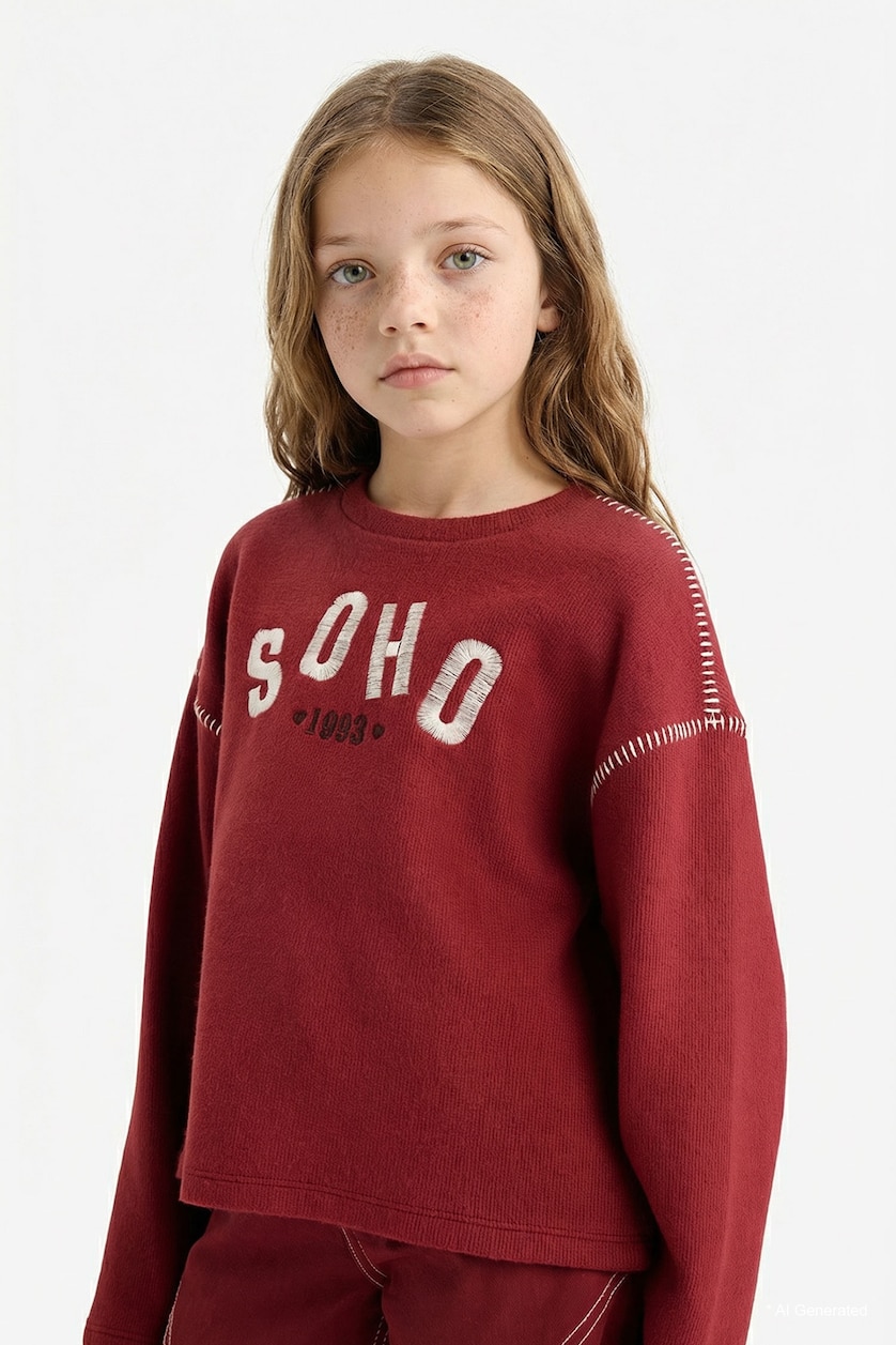 بنات خمري Girl Overshirt Fit Crew Neck Printed T-shirt
