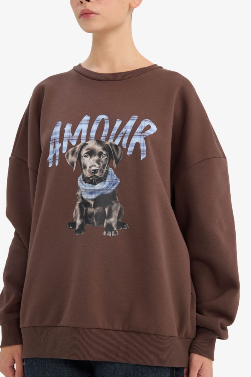 Kadın Açık Kahve Oversize Baskılı Sweatshirt