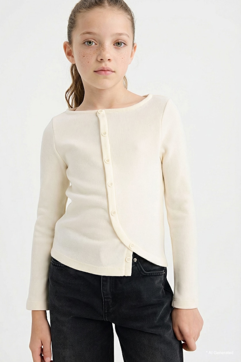 بنات بيج فاتح Girl Crew Neck Buttoned Long Sleeve T-Shirt