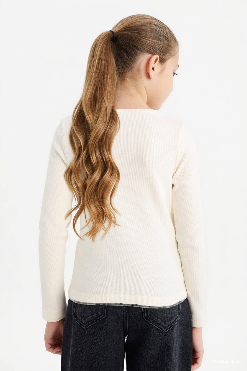 بنات بيج فاتح Girl Crew Neck Buttoned Long Sleeve T-Shirt
