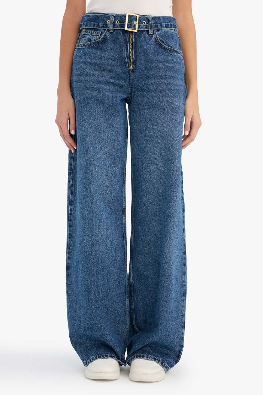 WOMAN Dark Blue Wide Leg High Waist Long Washed Jeans