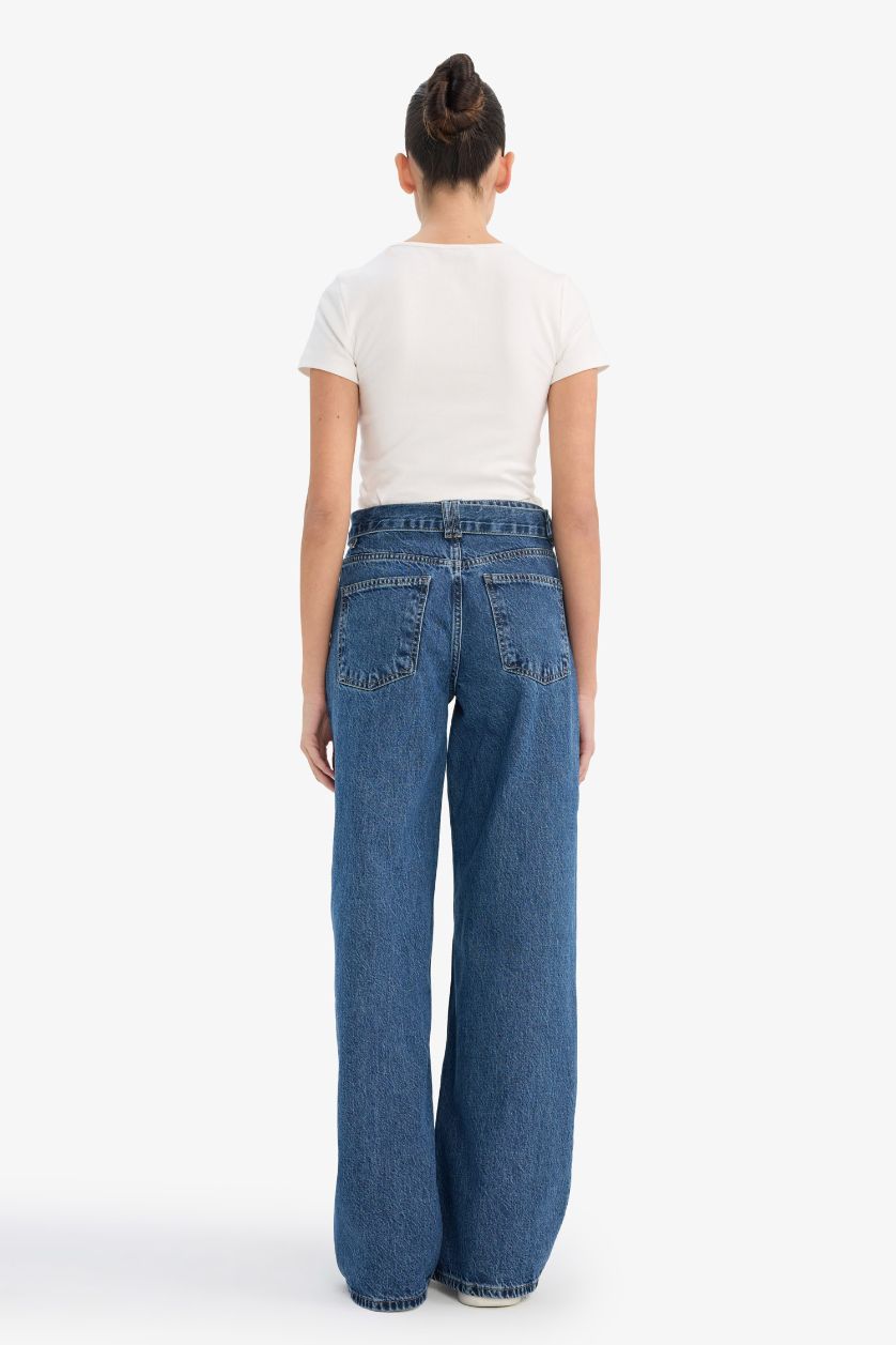 WOMAN Dark Blue Wide Leg High Waist Long Washed Jeans