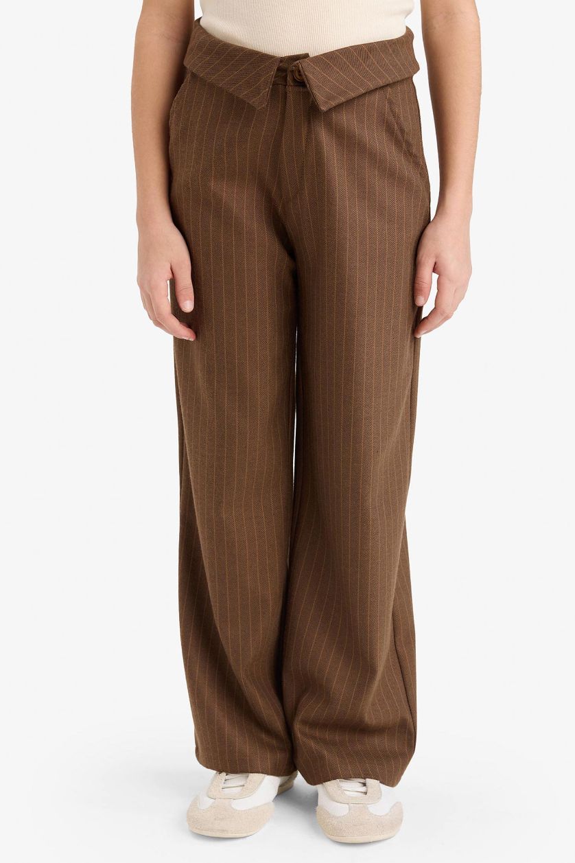 بناتي بني بنطلون بناتي مخطط وايد ليج برجل واسع