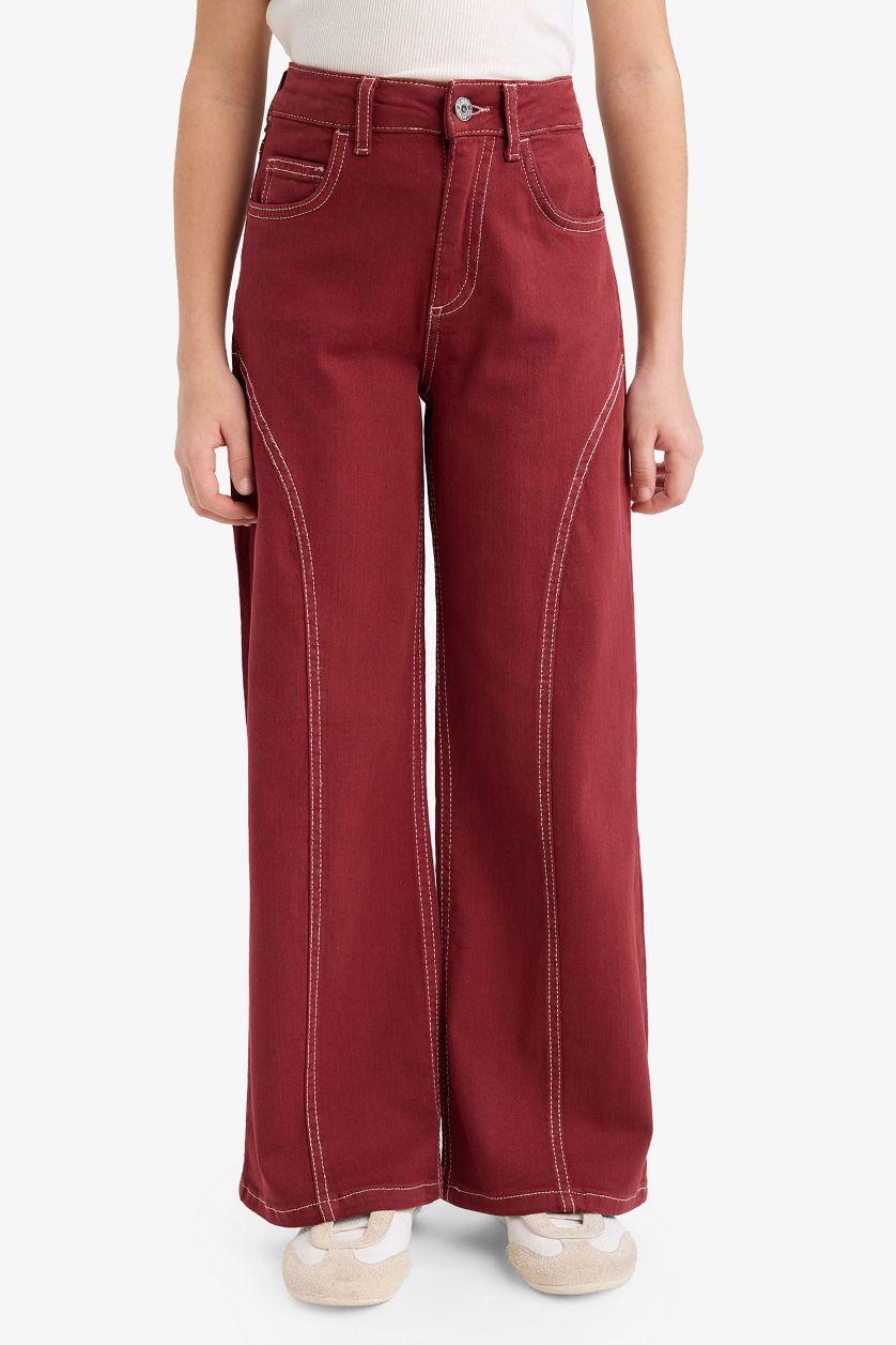 Kız Çocuk - Genç Kız Bordo Wide Leg Geniş Paça Gabardin Pantolon Kız Çocuk