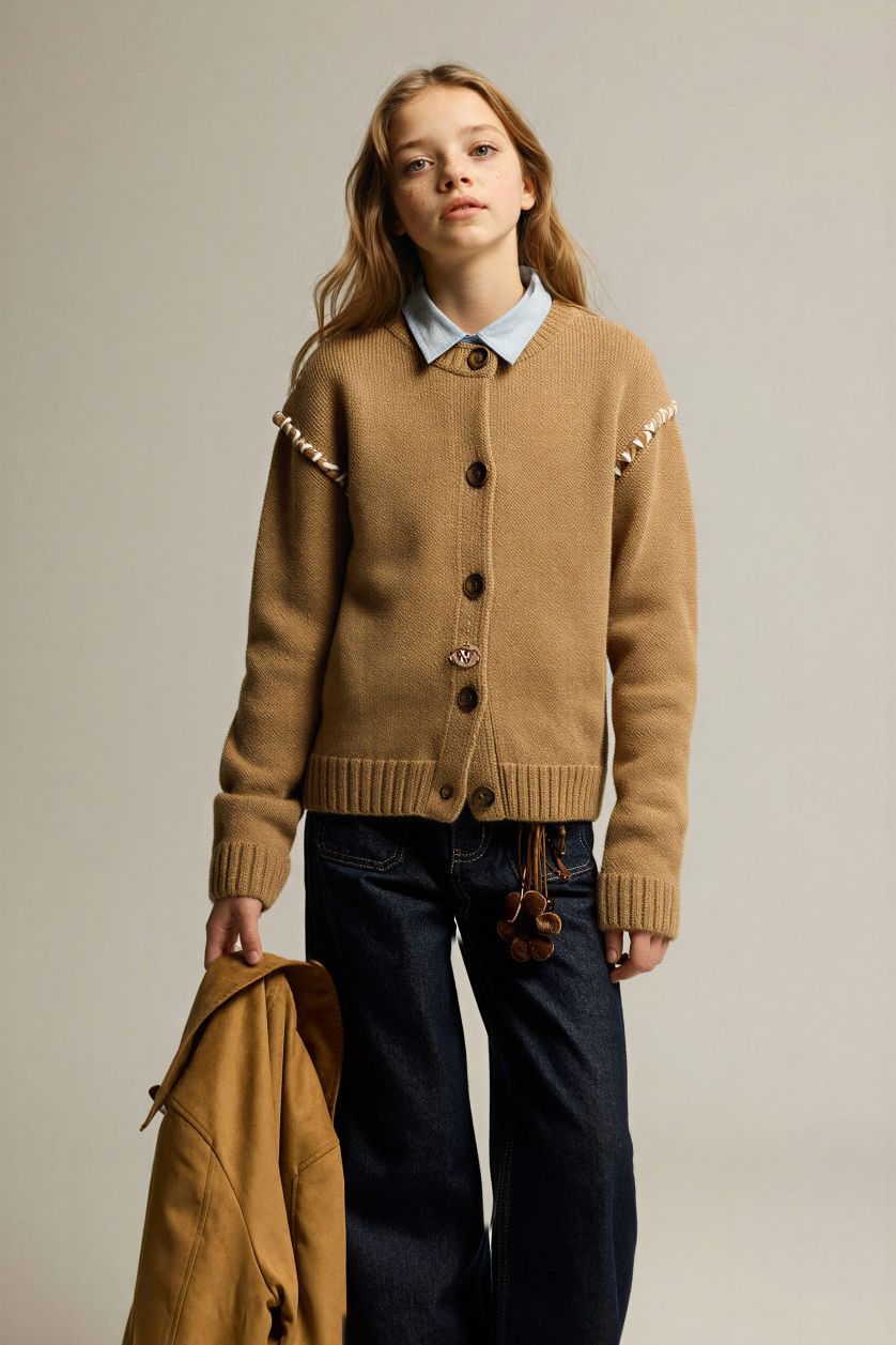 Kız Çocuk - Genç Kız Bej Nakışlı Bisiklet Yaka Hırka Kız Çocuk