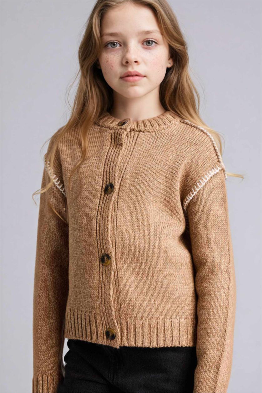 Kız Çocuk - Genç Kız Bej Nakışlı Bisiklet Yaka Hırka Kız Çocuk