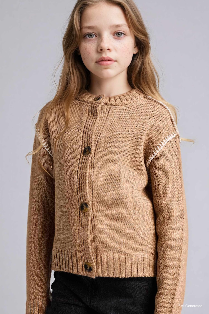 FILLES Beige Cardigan brodé à col rond pour fille