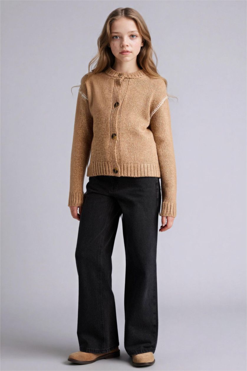 Kız Çocuk - Genç Kız Bej Nakışlı Bisiklet Yaka Hırka Kız Çocuk