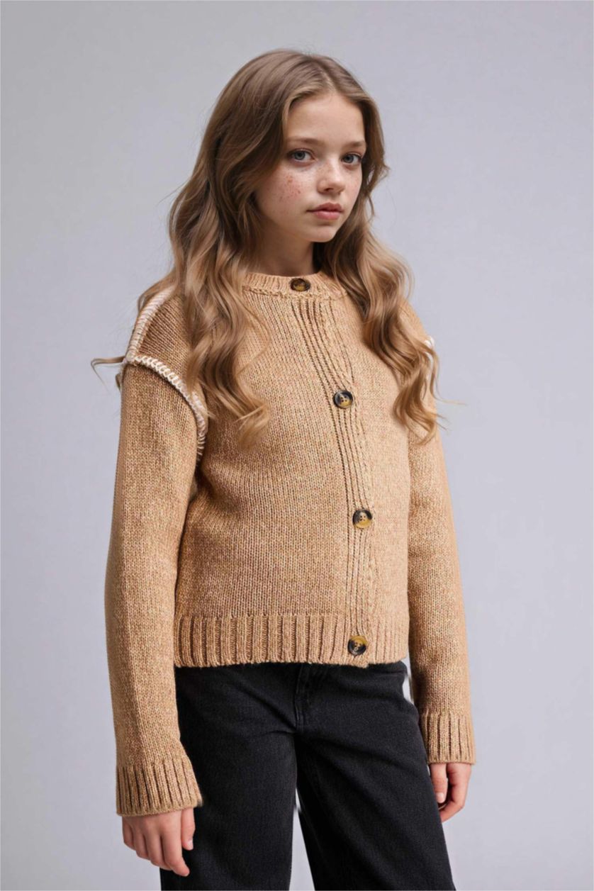 Kız Çocuk - Genç Kız Bej Nakışlı Bisiklet Yaka Hırka Kız Çocuk