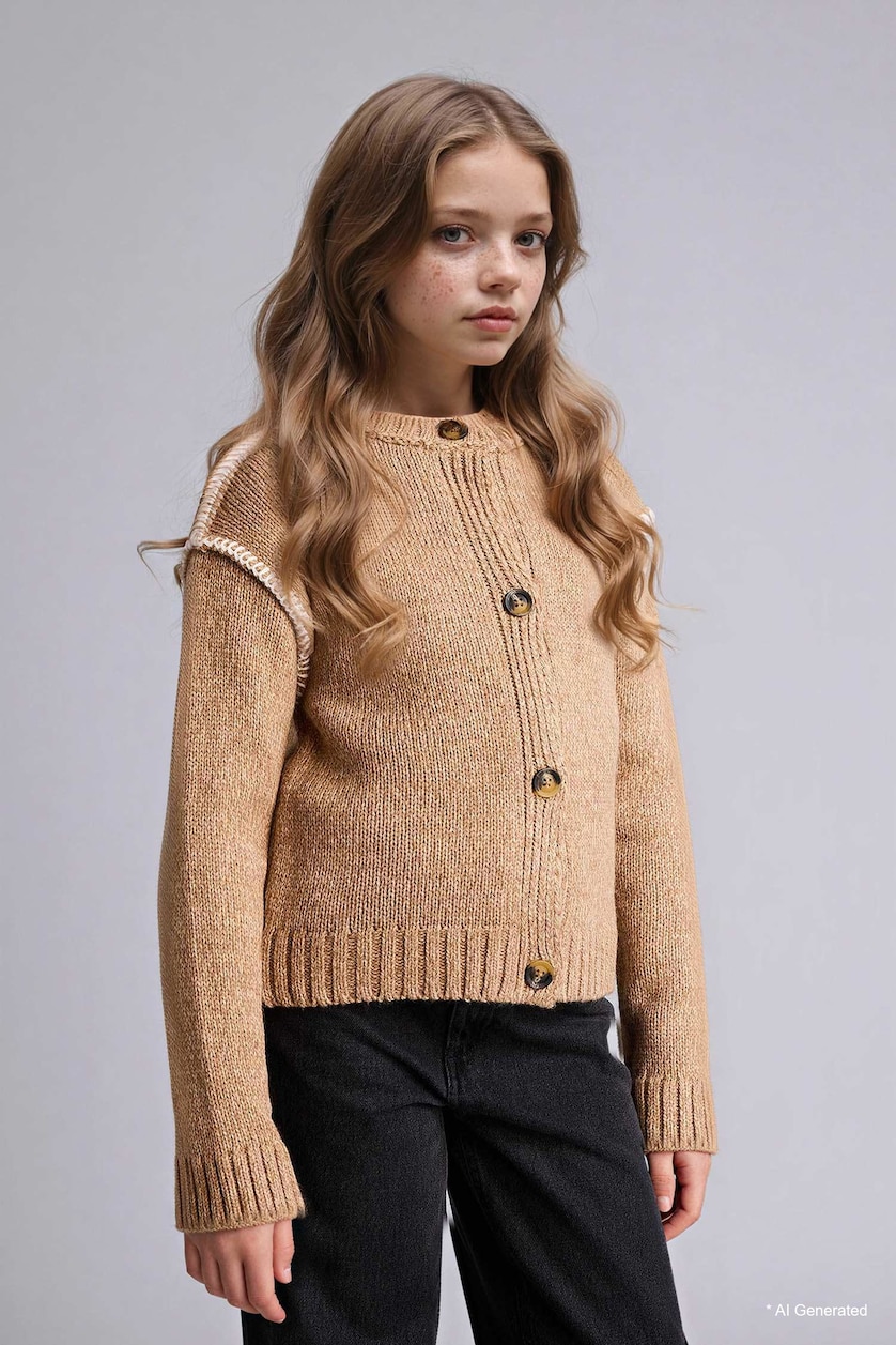 FILLES Beige Cardigan brodé à col rond pour fille