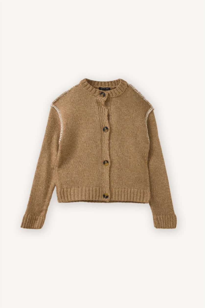 Kız Çocuk - Genç Kız Bej Nakışlı Bisiklet Yaka Hırka Kız Çocuk