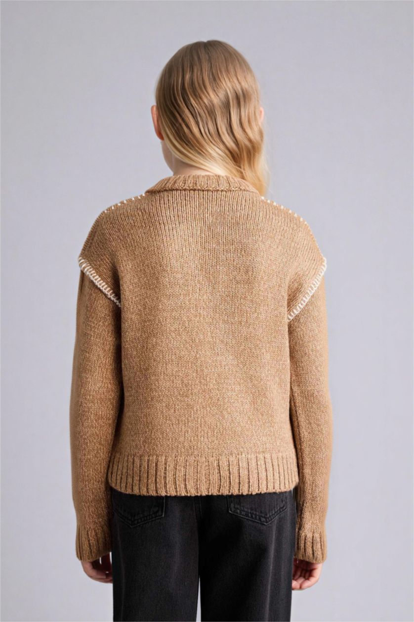 بنات بيج سترة تطريز قصة عادية بياقة مستديرة