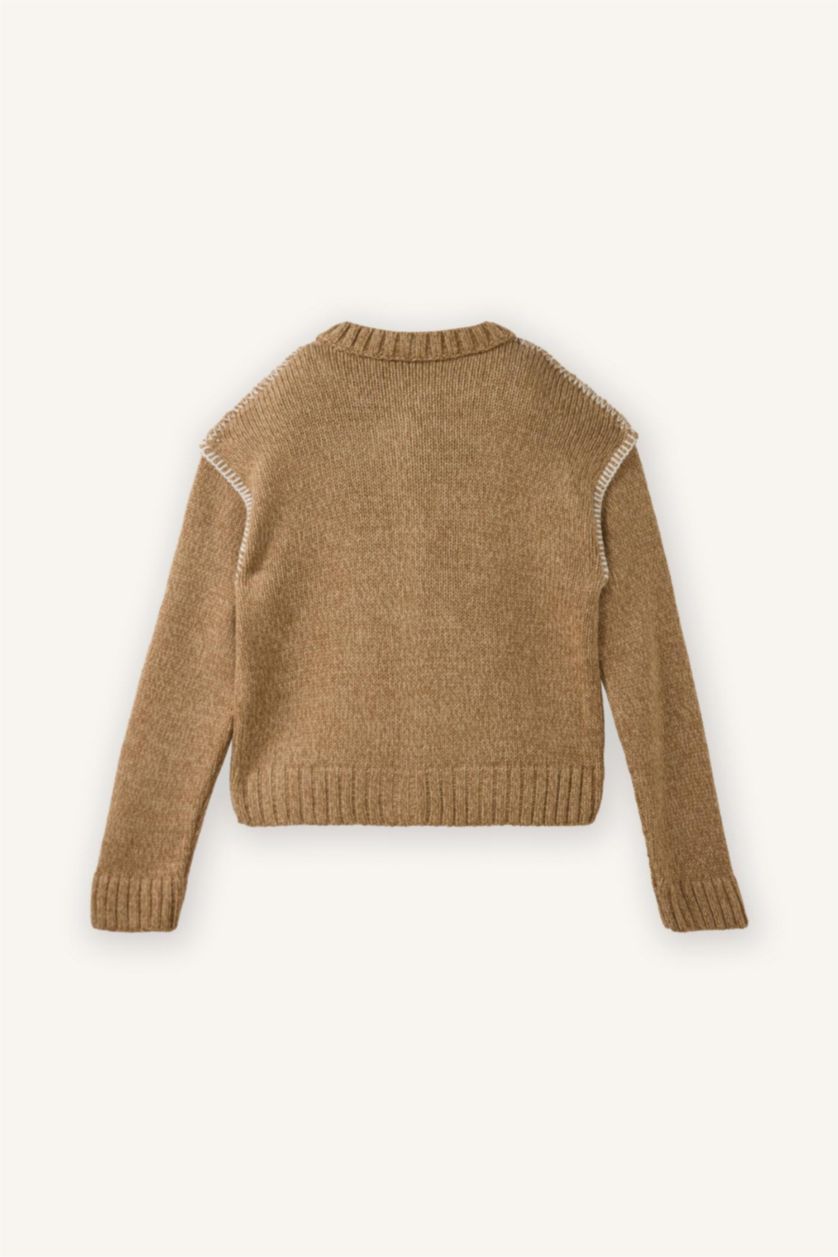 Kız Çocuk - Genç Kız Bej Nakışlı Bisiklet Yaka Hırka Kız Çocuk