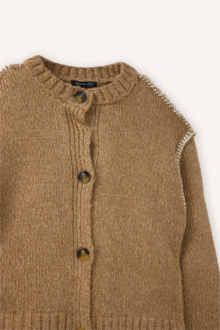 بنات بيج سترة تطريز قصة عادية بياقة مستديرة