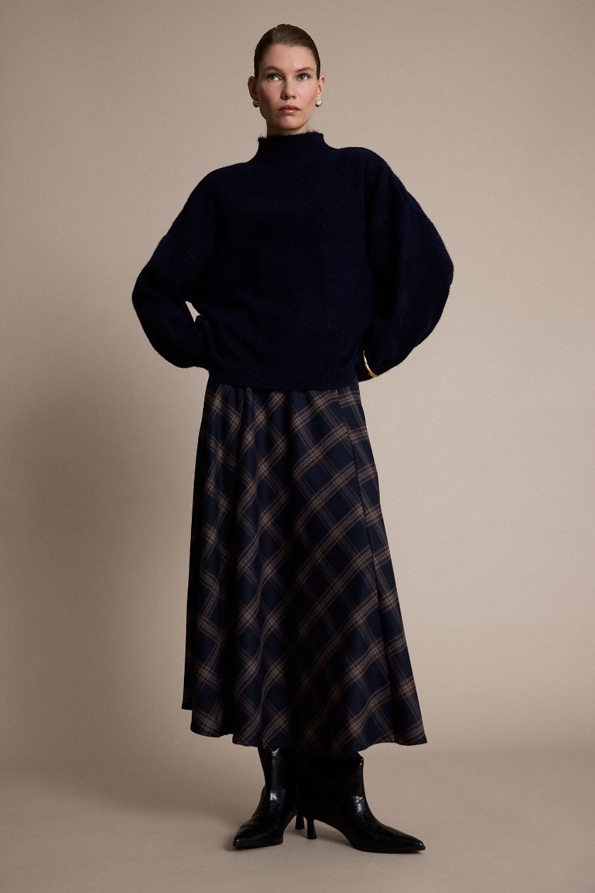 Kadın Lacivert A Kesim Kareli Normal Bel Midi Etek