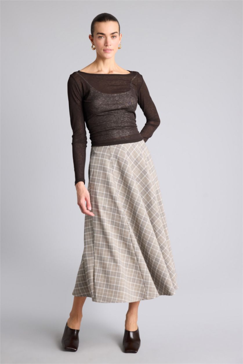 Kadın Bej A Kesim Kareli Normal Bel Midi Etek