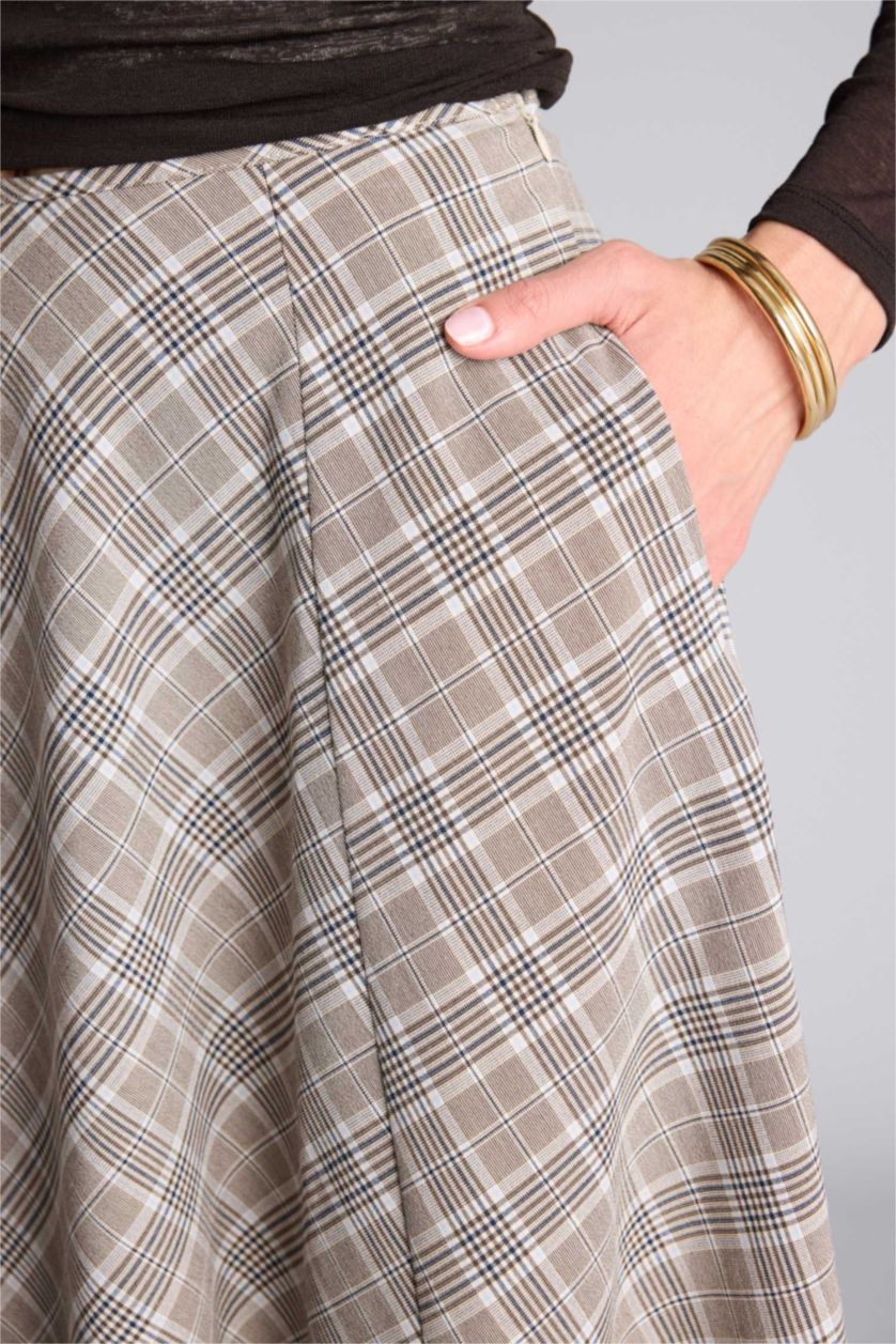 Kadın Bej A Kesim Kareli Normal Bel Midi Etek