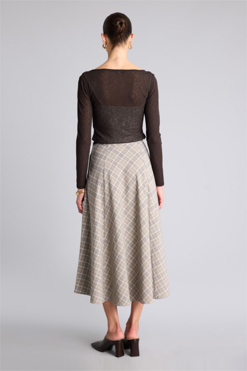 Kadın Bej A Kesim Kareli Normal Bel Midi Etek
