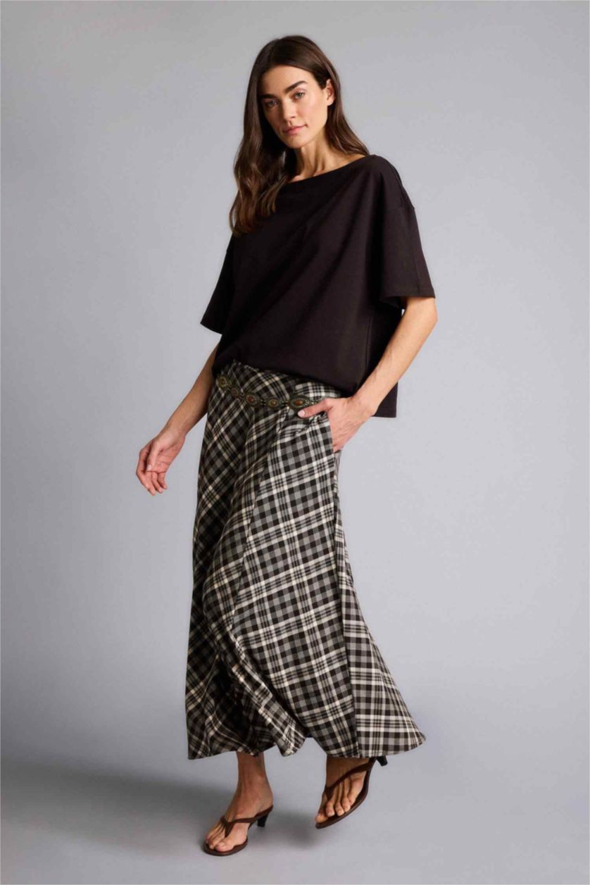 Kadın Koyu Kahve A Kesim Kareli Normal Bel Midi Etek