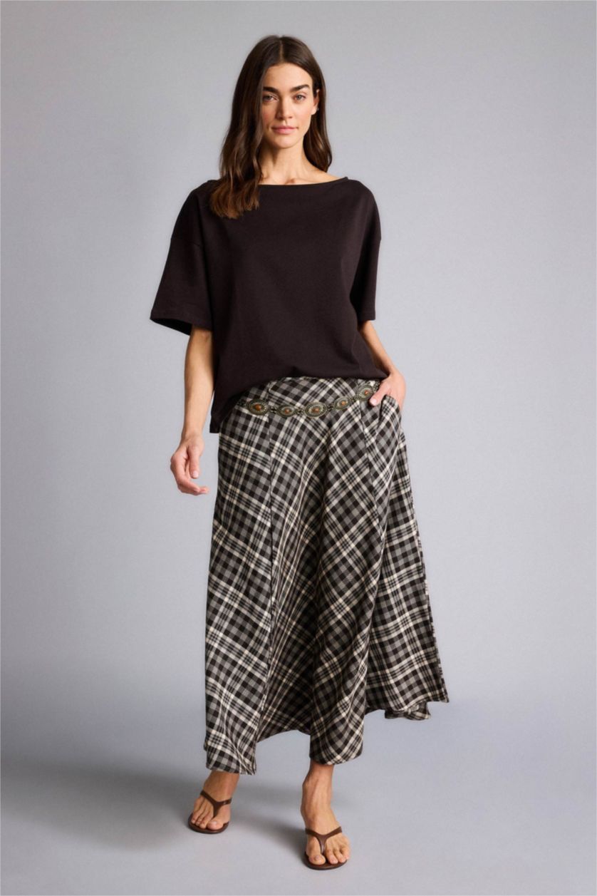 Kadın Koyu Kahve A Kesim Kareli Normal Bel Midi Etek