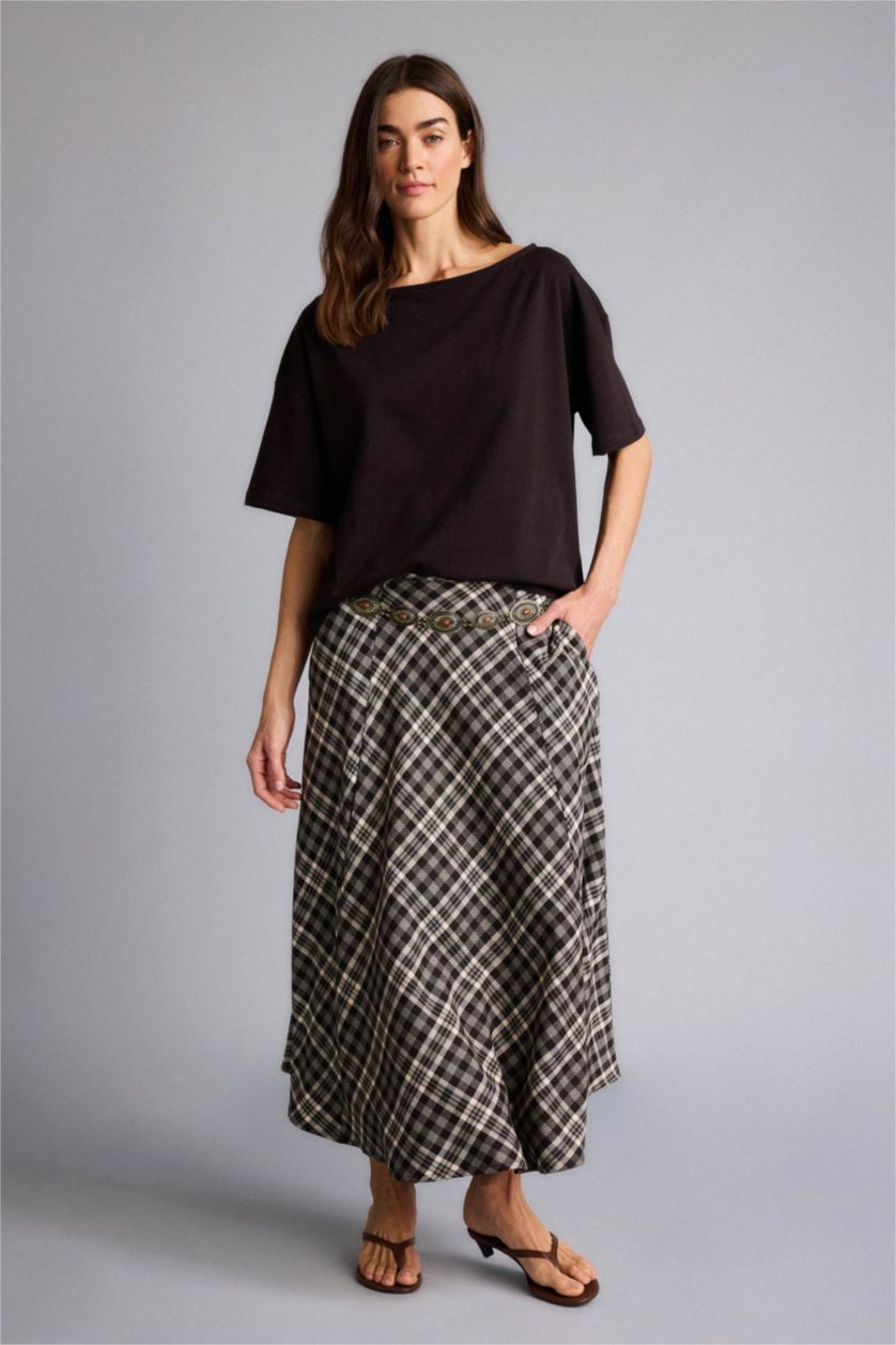 Kadın Koyu Kahve A Kesim Kareli Normal Bel Midi Etek